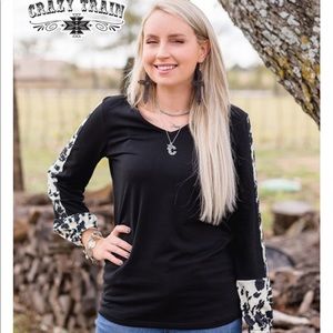 Crazy Train cow Print Dodge Town Top